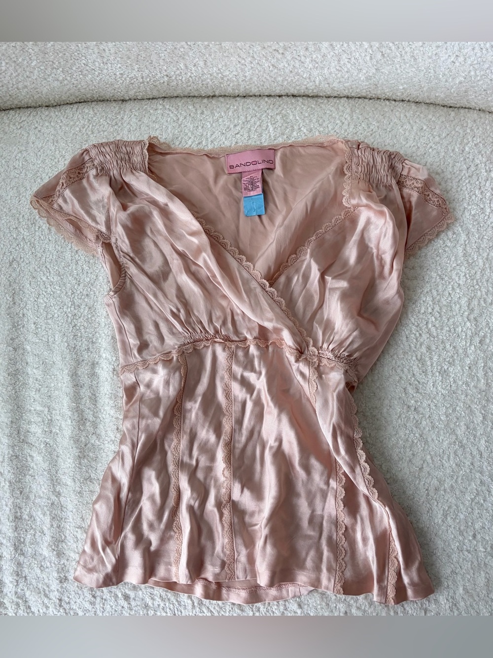 Bandolino Champagne Pink 100% Silk Lace-Trim Wrap Blouse